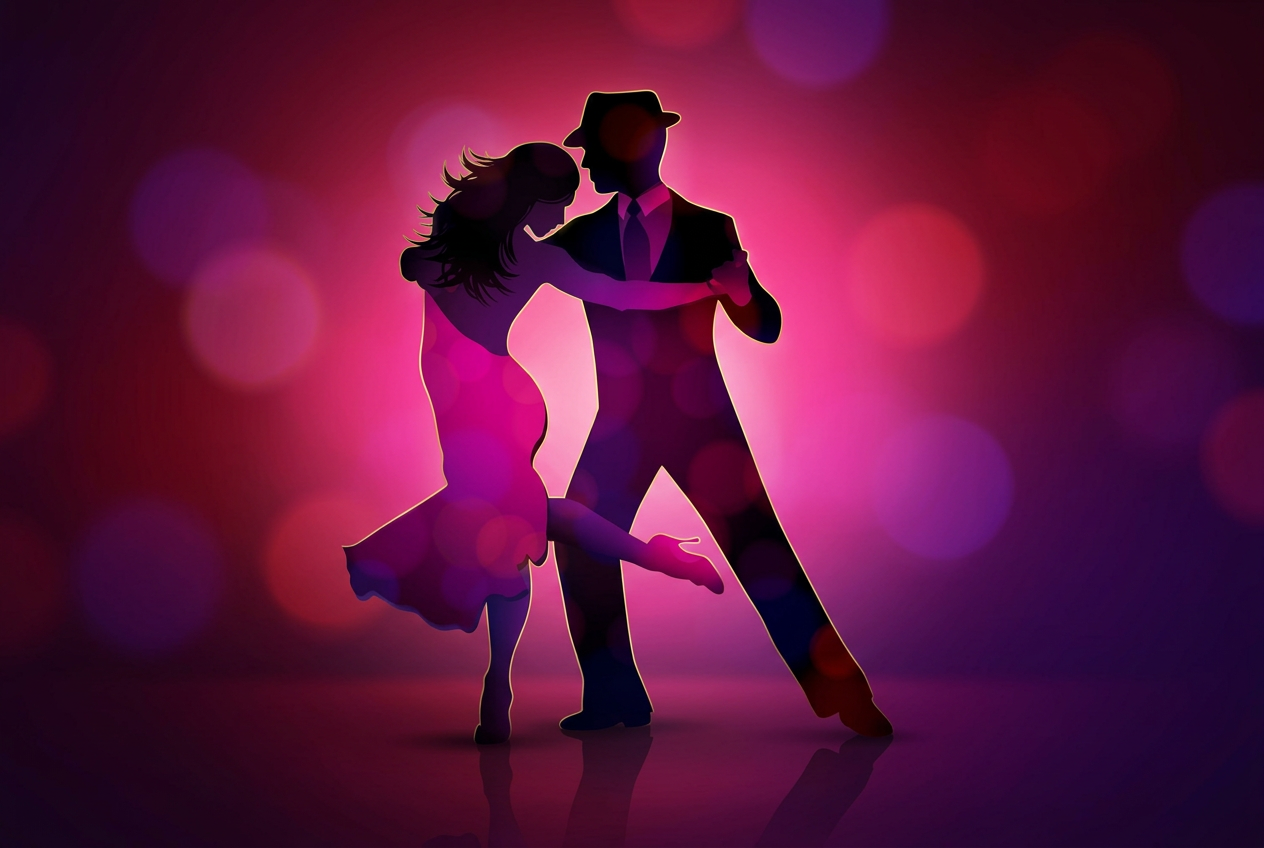 Silhouet van een salsa paar in warm magenta licht